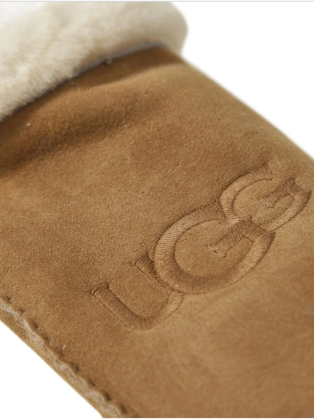 UGG Chestnut Suede Embroidered Shearling-Trim Mittens